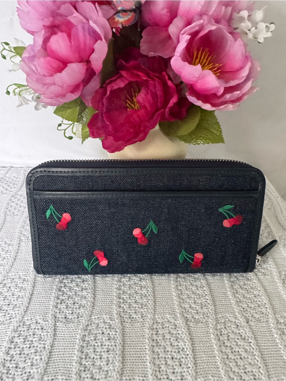Kate Spade NWOT denim cherry long zip around wallet - Picture 2 of 3
